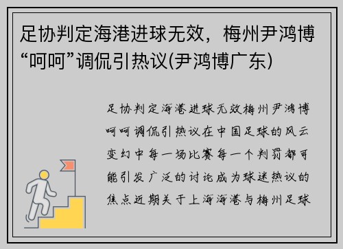 足协判定海港进球无效，梅州尹鸿博“呵呵”调侃引热议(尹鸿博广东)