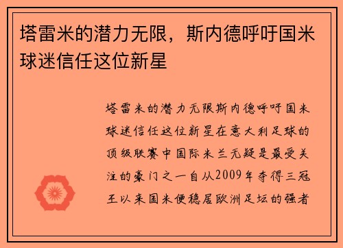塔雷米的潜力无限，斯内德呼吁国米球迷信任这位新星