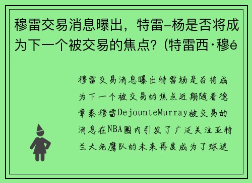 穆雷交易消息曝出，特雷-杨是否将成为下一个被交易的焦点？(特雷西·穆雷)