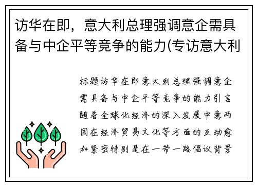 访华在即，意大利总理强调意企需具备与中企平等竞争的能力(专访意大利驻华大使)