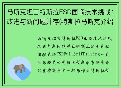 马斯克坦言特斯拉FSD面临技术挑战：改进与新问题并存(特斯拉马斯克介绍)